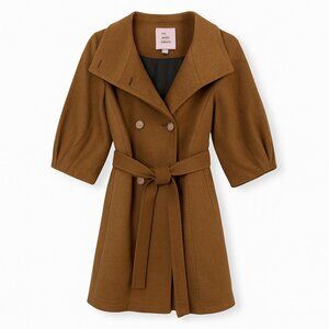 Young Essence Tweed Trench Jacket Belted 3/4 Puff Sleeve Brown NWT
